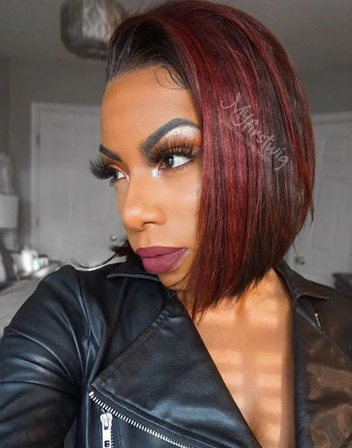 10-14 Inch Burgundy Highlight Bob Glueless Human Hair Lace Wig / Closure Wig - Symone LFB028