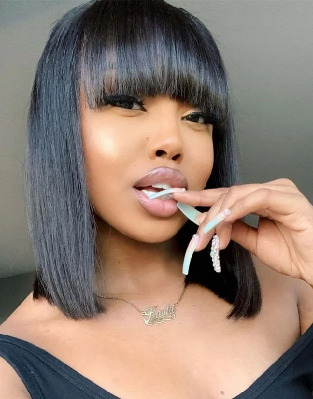 10-14 Inch Short Bob with Bangs Glueless Human Hair Lace Wig / Closure Wig - Darlene LFW006