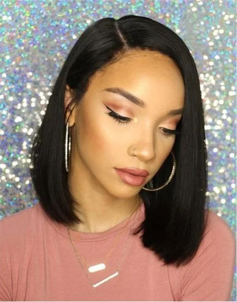 10-14 Inch Side Part Bob Glueless Human Hair Lace Wig / Closure Wig - Raven LFW003