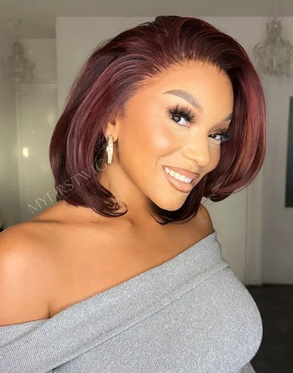 10-14 Inch Side Part Burgundy Bob Glueless Human Hair Lace Wig / Closure Wig - LIL005