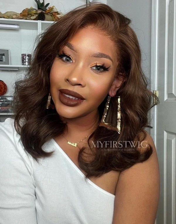 12-16 Inch Brown Wavy Bob Glueless Human Hair Lace Wig / Closure Wig - LFW095