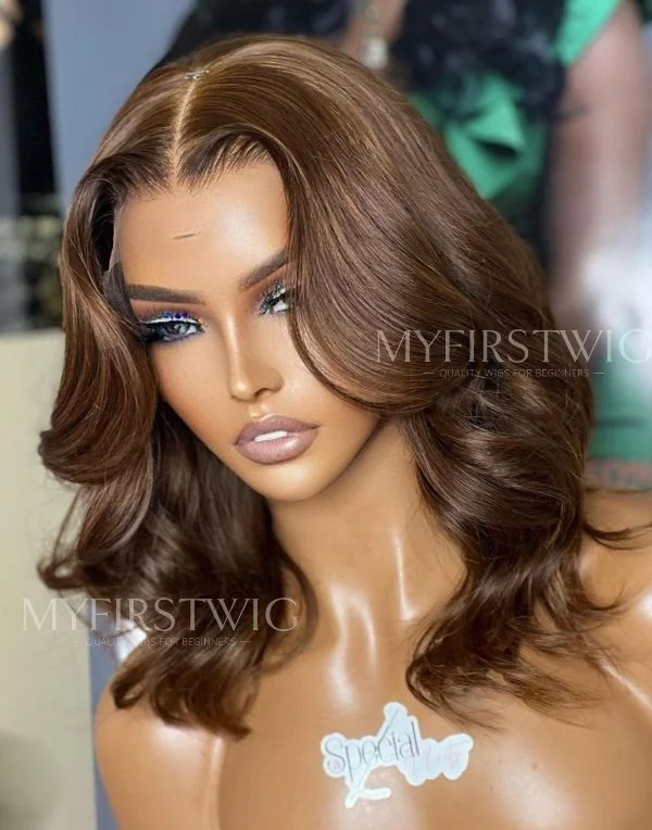 12-16 Inch Caramel Brown Wavy Bob Glueless Human Hair Lace Wig / Closure Wig - SPE017