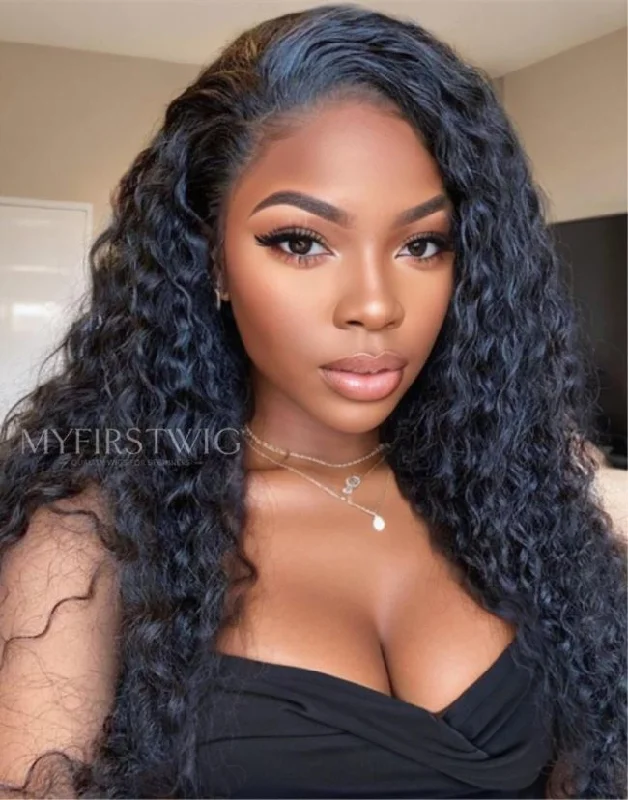 14-20 Inch Deep Wave Curly Glueless Human Hair Lace Wig / Closure Wig - ANI8006