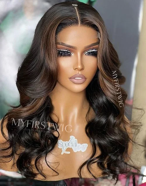 16-20 Inch Brown Highlight Wavy Glueless Human Hair Lace Wig / Closure Wig - SPE007