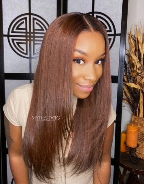 16-20 Inch Layered Brown Straight Glueless Human Hair Lace Wig / Closure Wig - Amena LFW081