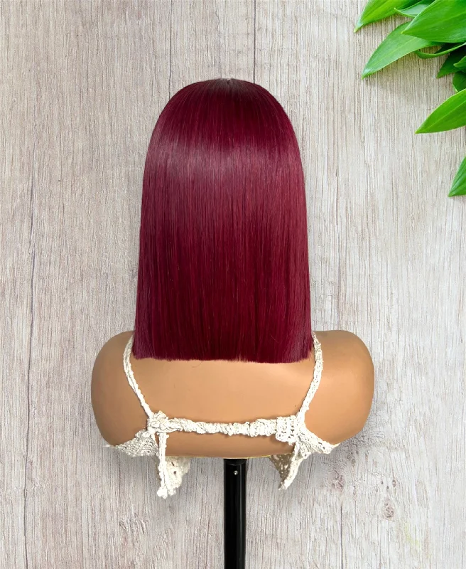 Bg Burgundy Red Wear & Go Glueless Straight Bob Wigs Clear Lace 180% Density 4×6 Hd Closure Wig Human Hair