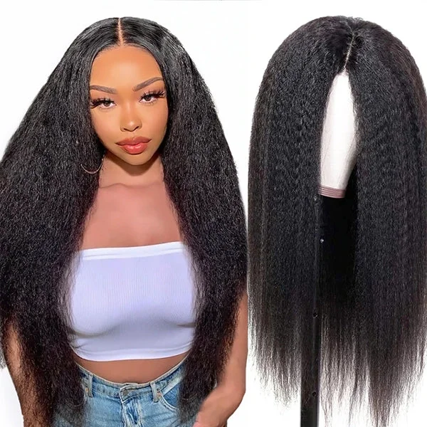 Kinky Straight Glueless 13x4 HD Transparent Lace Front Wig Yaki Human Hair Wigs