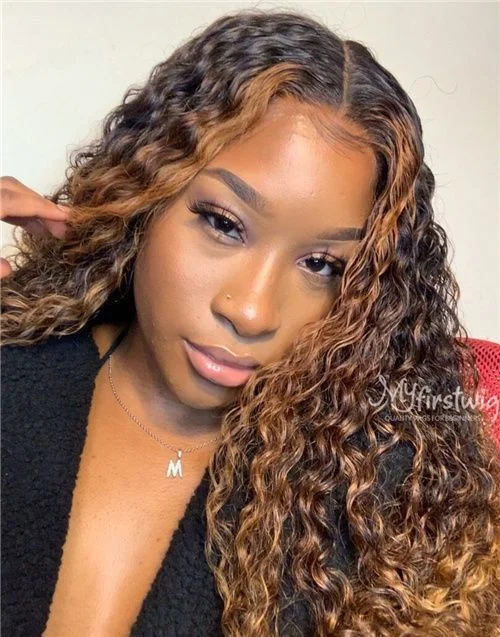 16-20 Inch Ombre Brown Curly Glueless Human Hair Lace Wig / Closure Wig - HBS001