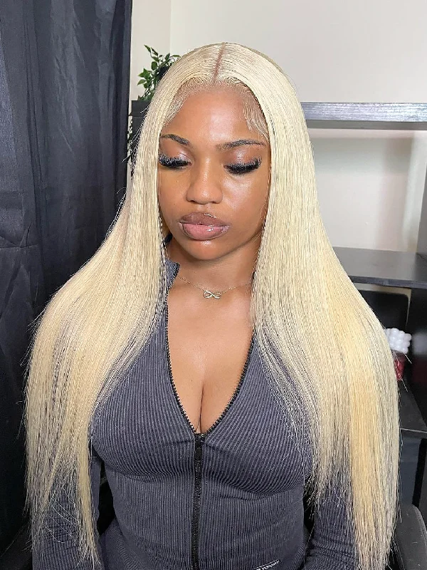 Long Straight #613 Glueless Wig Smaller Knots 5x5 Swiss HD Pre-Cut Lace 24-26" Platinum Blonde