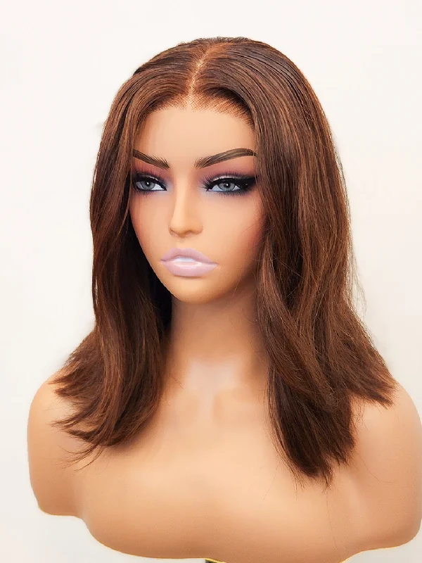 Brown Short Bob Glueless Wig Invisible Small Knots 5x5 Swiss HD Pre-Cut Lace Blunt Cut Espresso