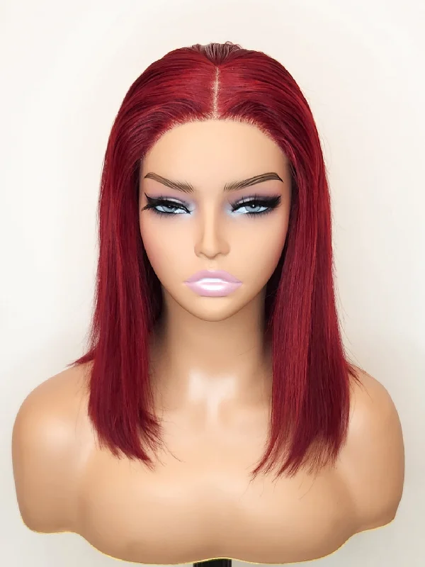 Short Bob Glueless Wig 180% Density Invisible Small Knots 5x5 Swiss HD Pre-Cut Lace Silky Straight Bob Ruby Red